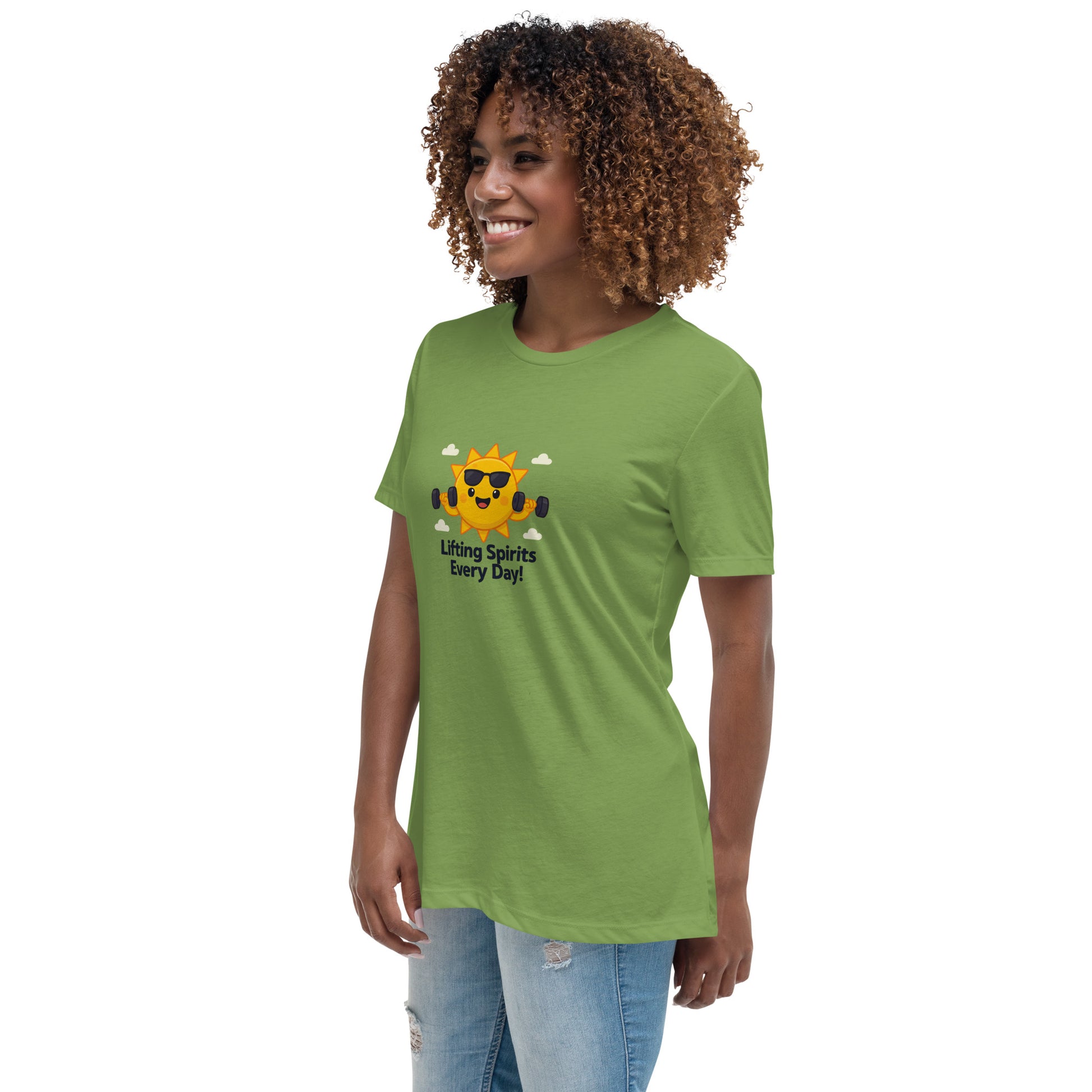 Green inspirational graphic tee for women with a sun lifting weights and text Lifting Spirits Every Day 
