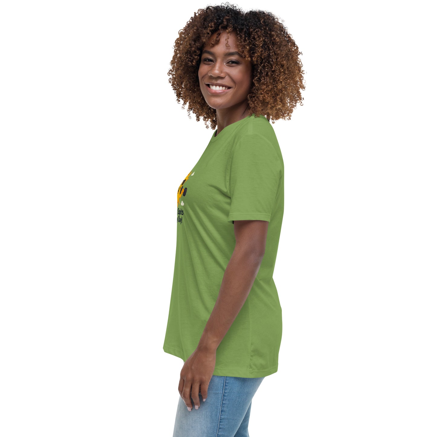 Green inspirational graphic tee for women with a sun lifting weights and text Lifting Spirits Every Day
