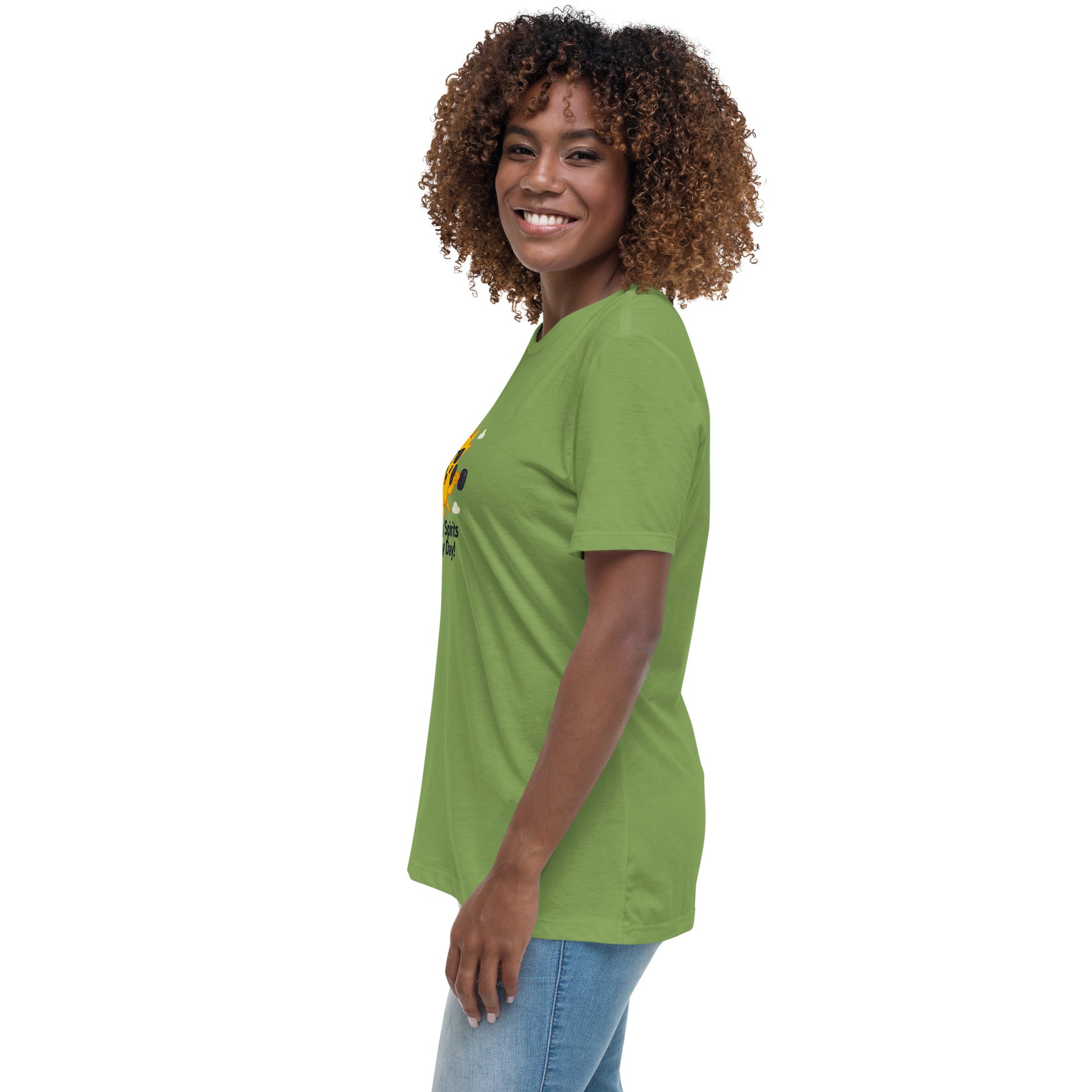 Green inspirational graphic tee for women with a sun lifting weights and text Lifting Spirits Every Day
