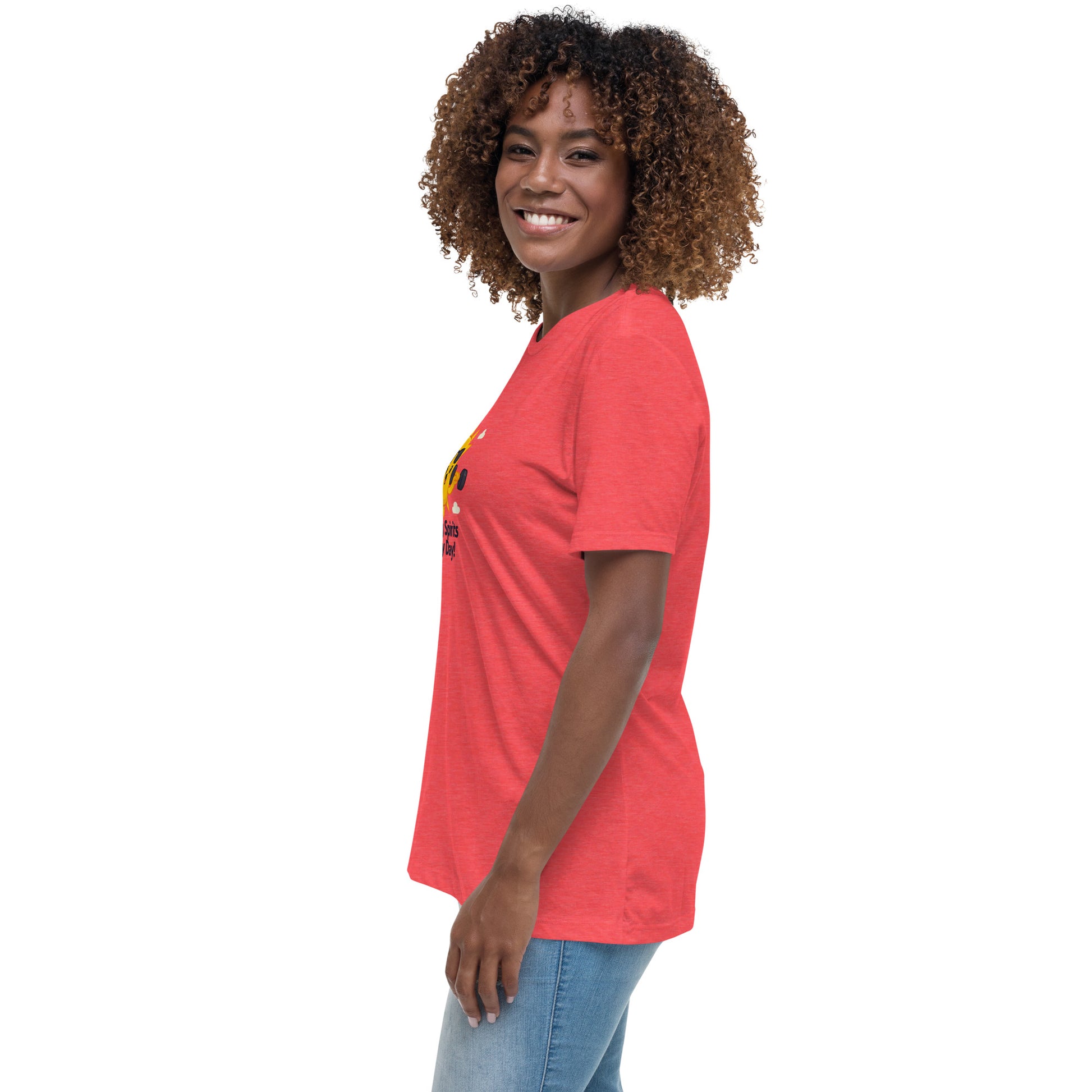 Smiling woman wearing a red inspirational graphic tee for women by Spirit Wear with short sleeves