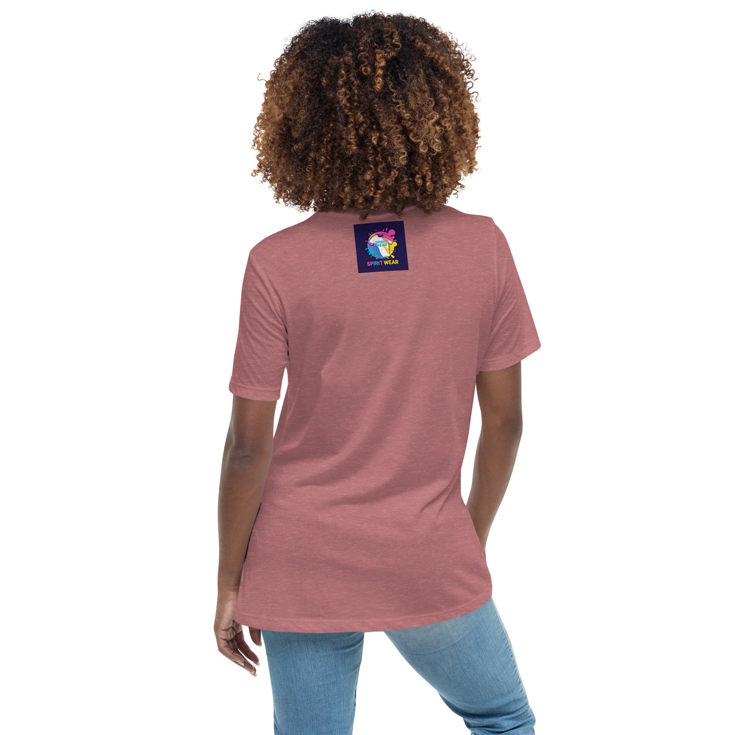 Back view of a woman wearing a Spirit Wear inspirational graphic tee for women in dusty rose color with short sleeves