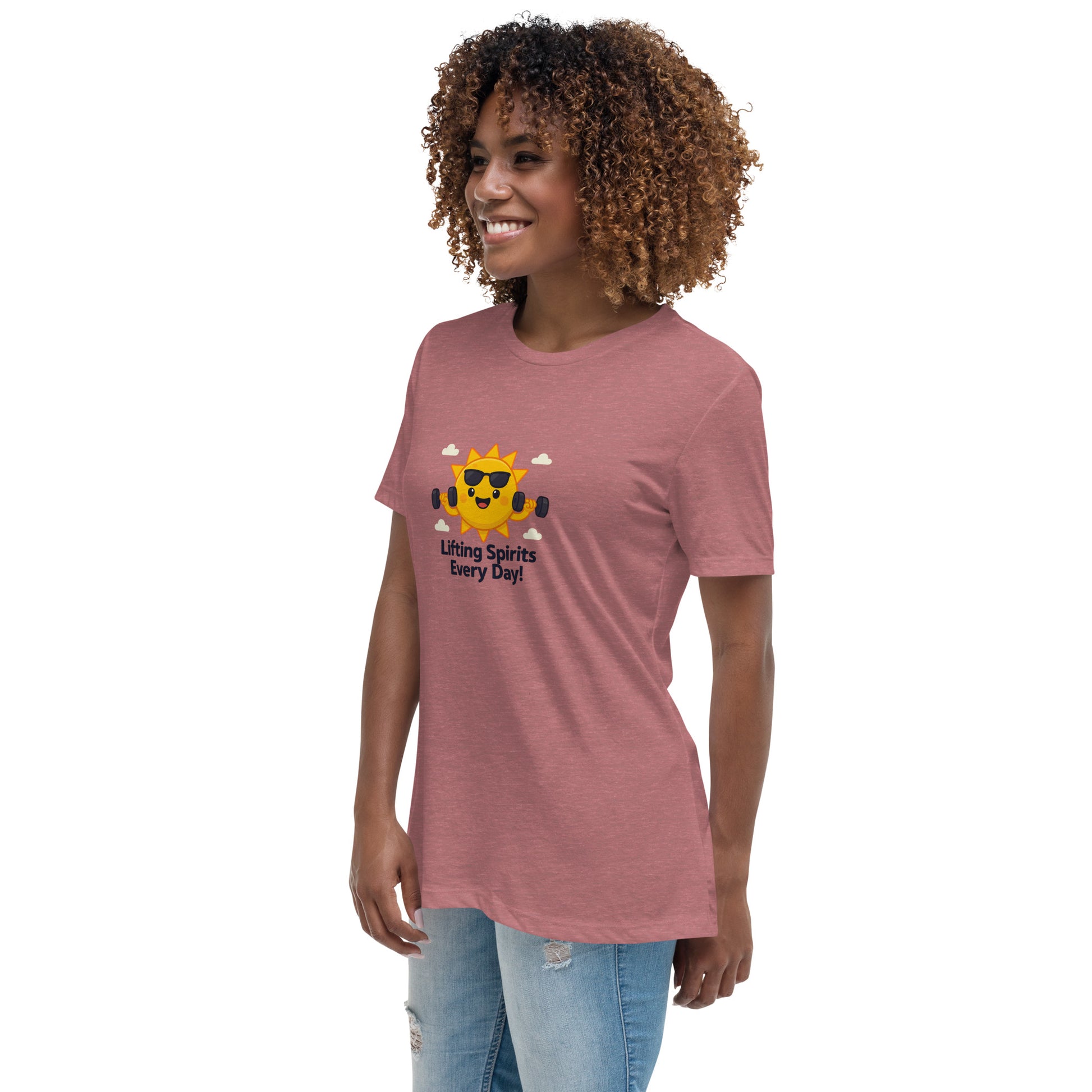 Inspirational graphic tee for women in pink with a smiling sun and lifting weights design