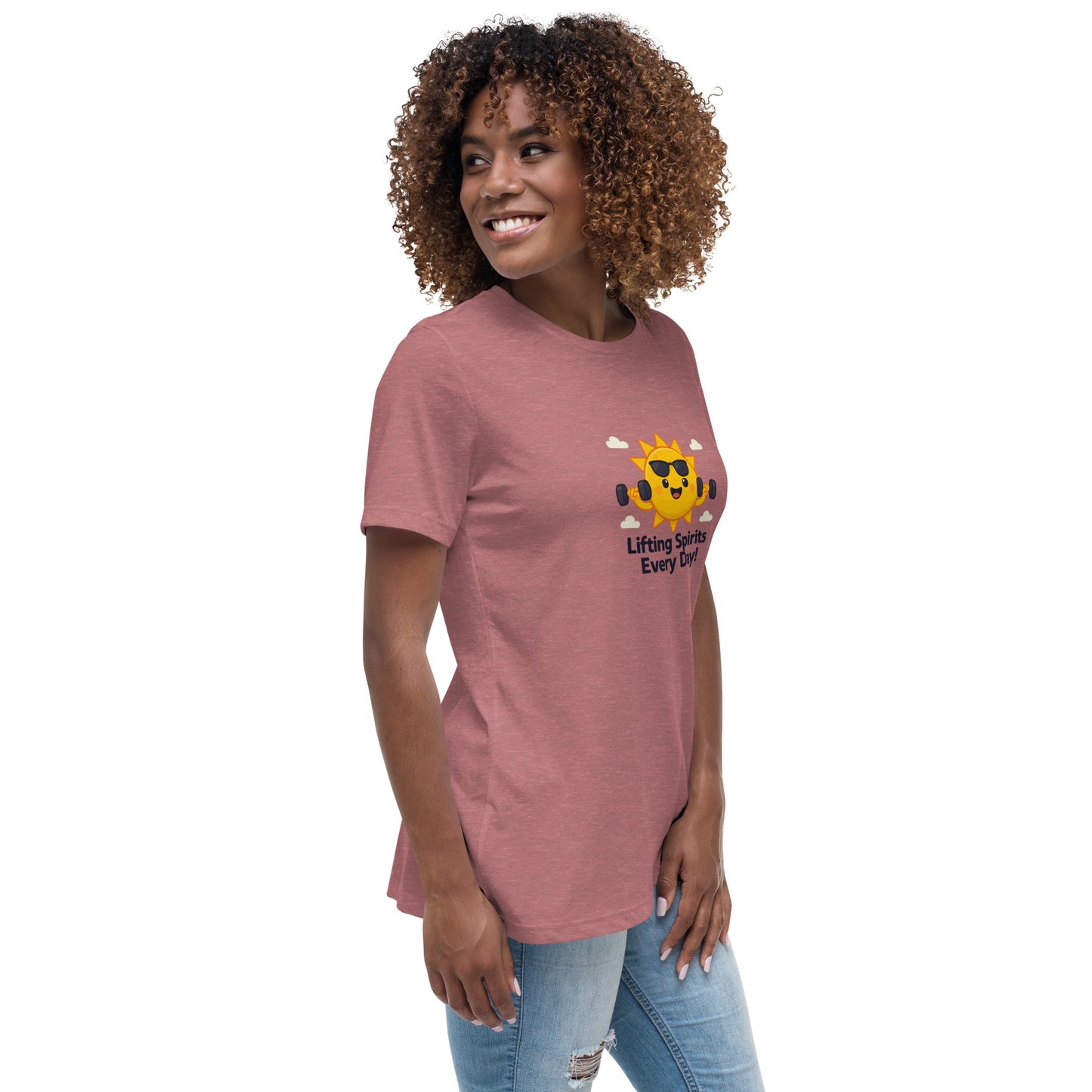 Spirit Wear inspirational graphic tee for women in dusty pink with sun and uplifting message