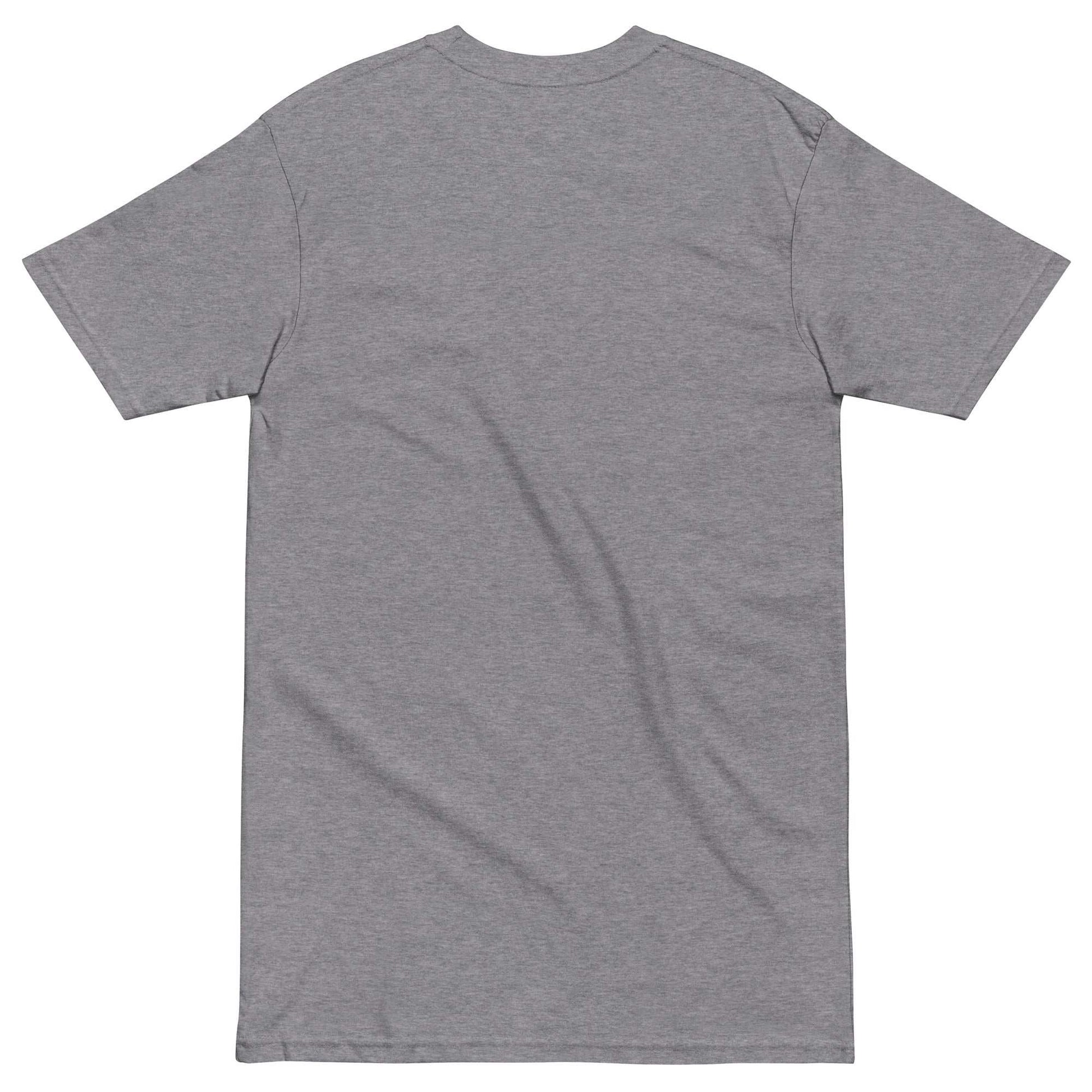Back view of a plain gray premium men's heavyweight inspirational t-shirt with short sleeves