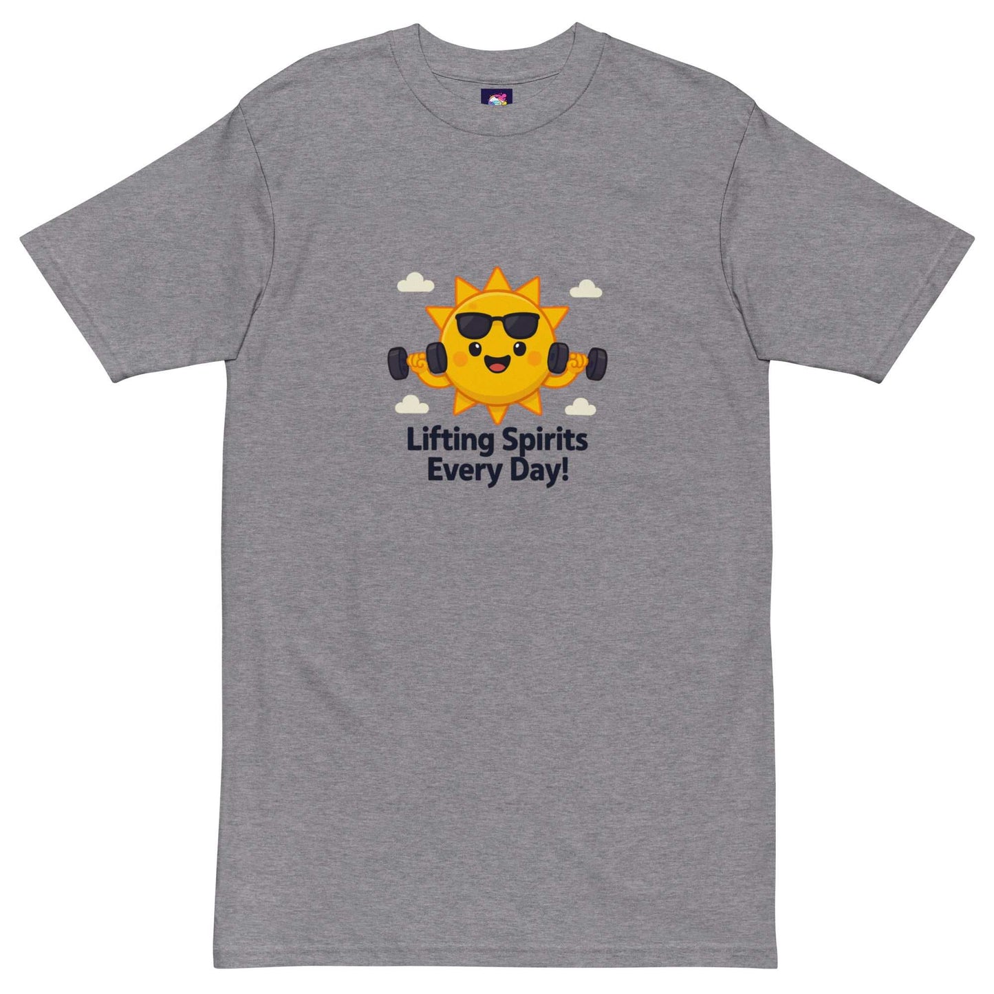 Grey premium men's heavyweight inspirational t-shirt with sun lifting dumbbells and lifting spirits design