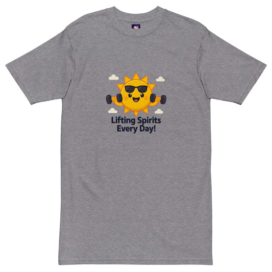 Grey premium men's heavyweight inspirational t-shirt with sun lifting dumbbells and lifting spirits design