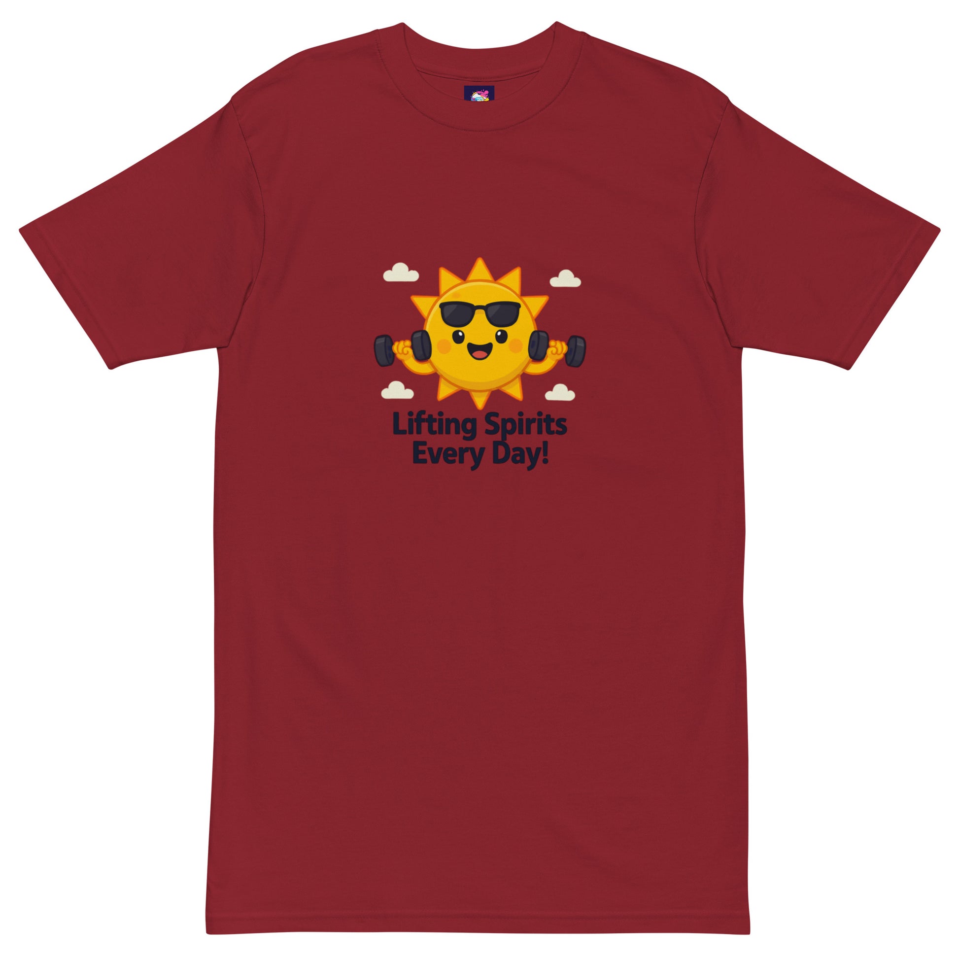 Maroon premium men's heavyweight inspirational t-shirt with sun lifting dumbbells and lifting spirits every day text