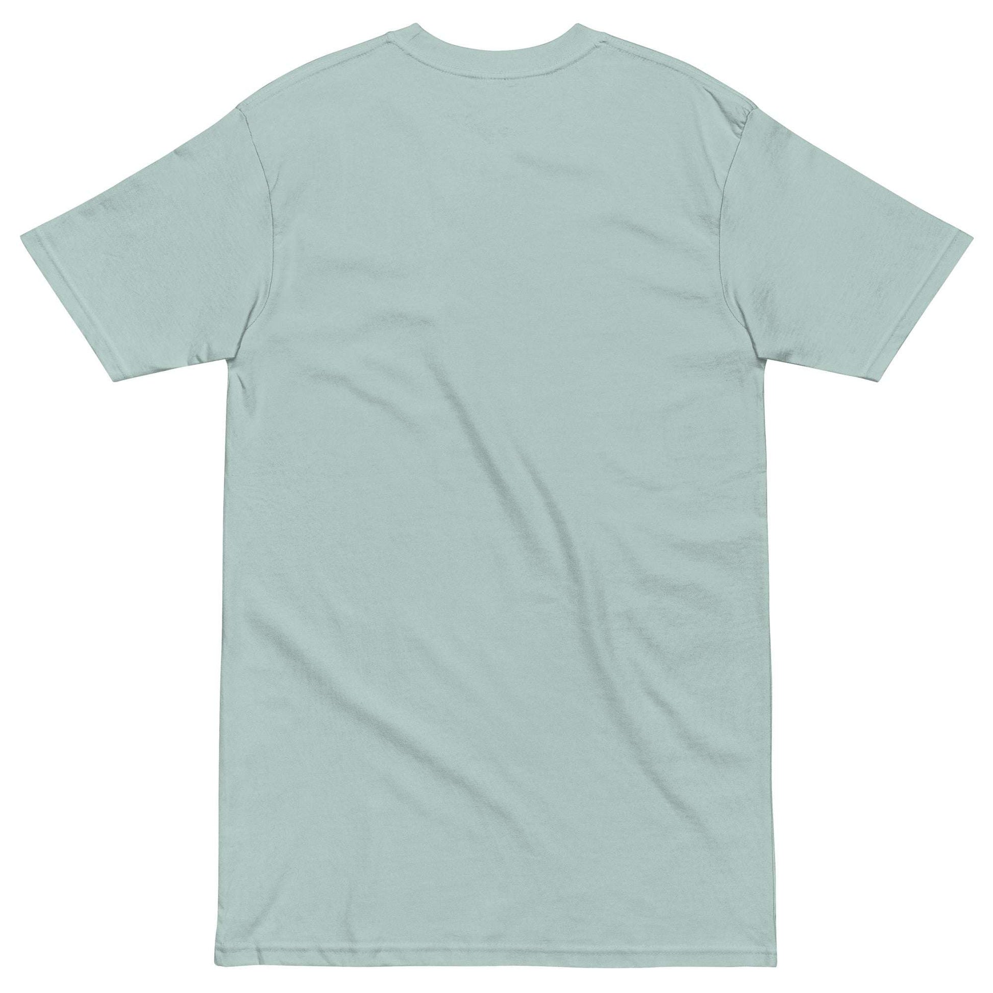 Back view of a light blue premium men's heavyweight inspirational t-shirt with short sleeves and crew neck