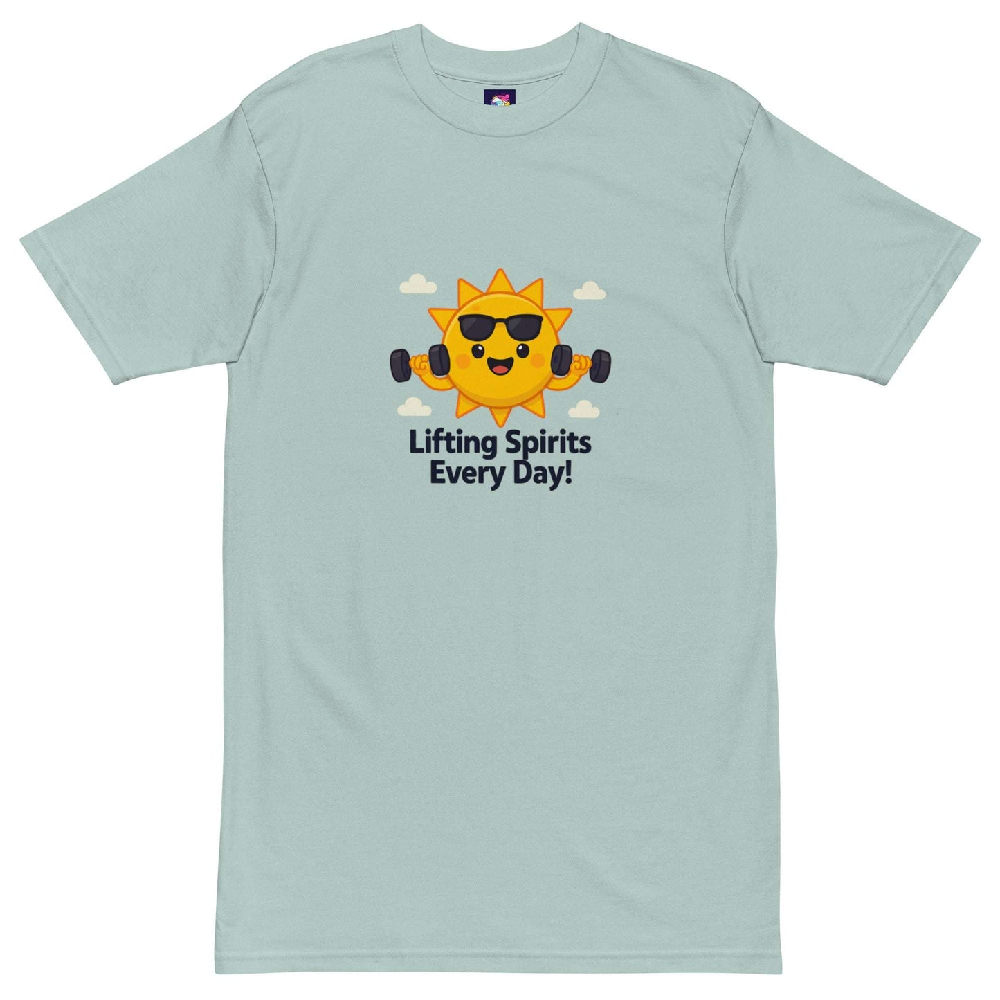 Light blue premium men's heavyweight inspirational t-shirt with smiling sun lifting weights graphic and uplifting message