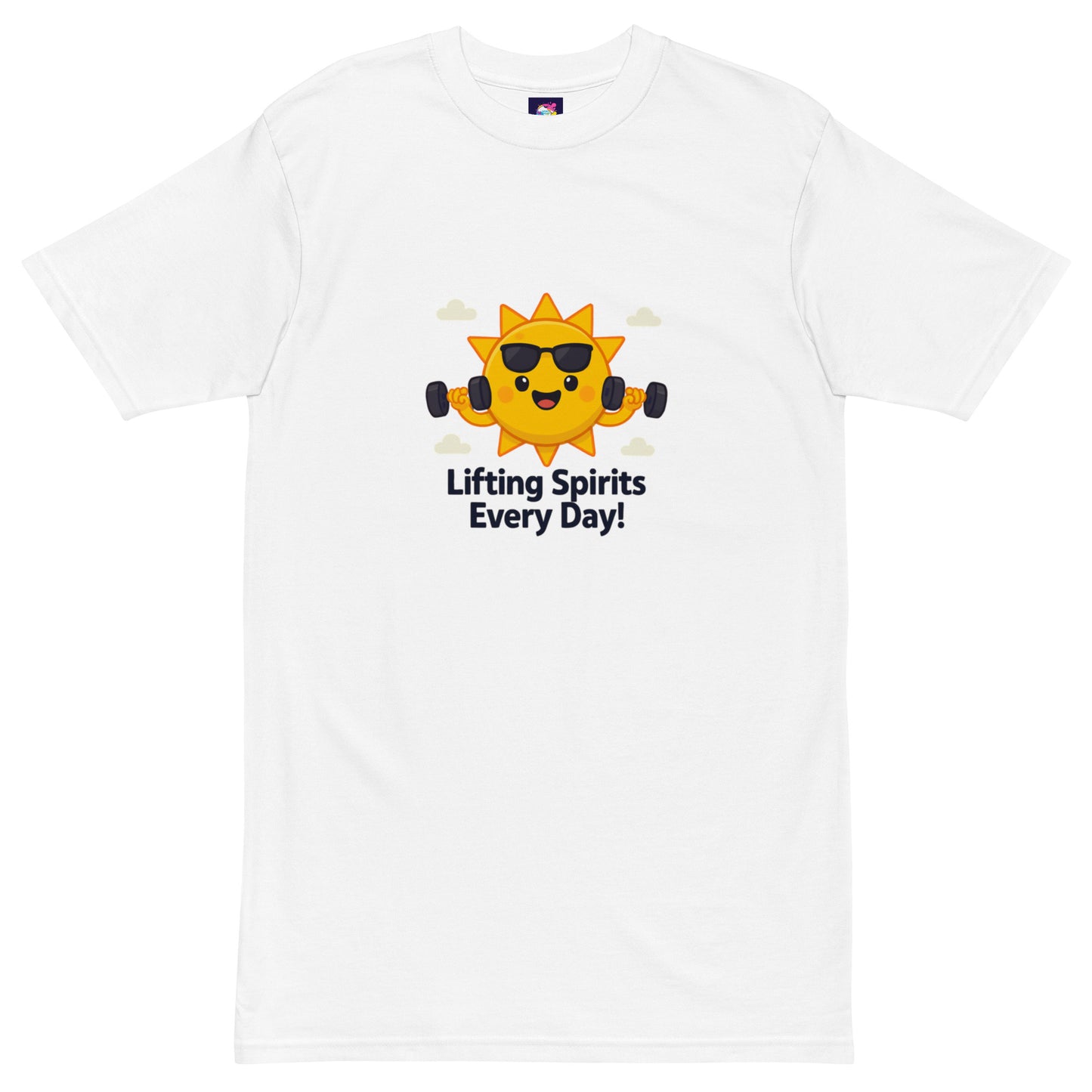 White premium men's heavyweight inspirational t-shirt with sun lifting dumbbells and lifting spirits every day text