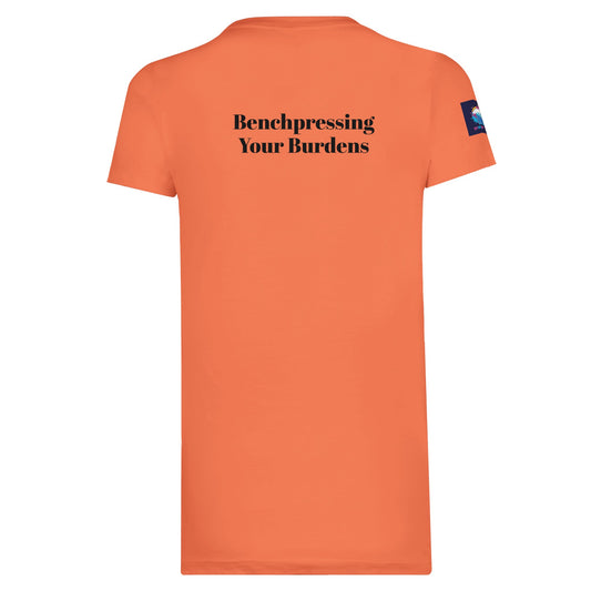 Orange premium spiritual t-shirt by Spirit Wear with Benchpressing Your Burdens text on back