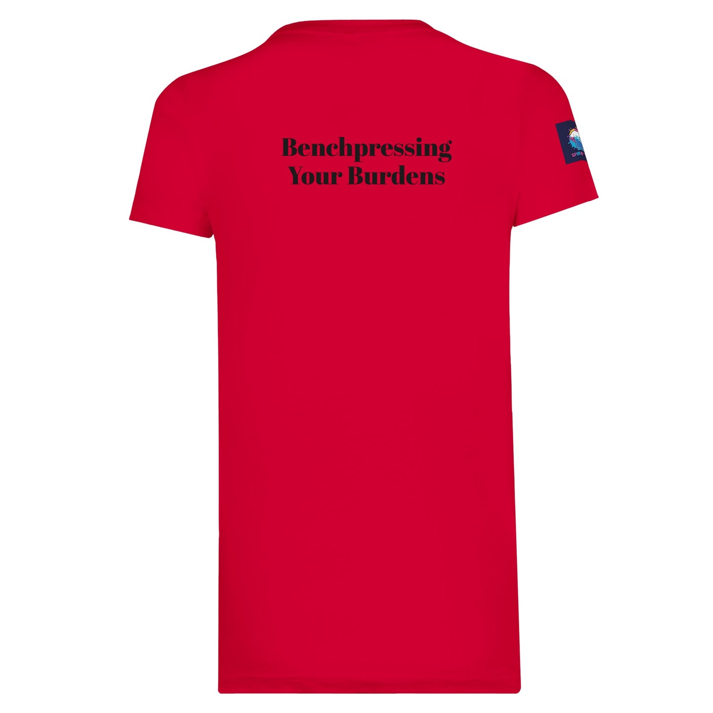 Back view of red premium spiritual t-shirt by Spirit Wear with Benchpressing Your Burdens text