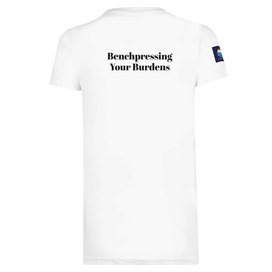 White premium spiritual t-shirt by Spirit Wear with Benchpressing Your Burdens text on back
