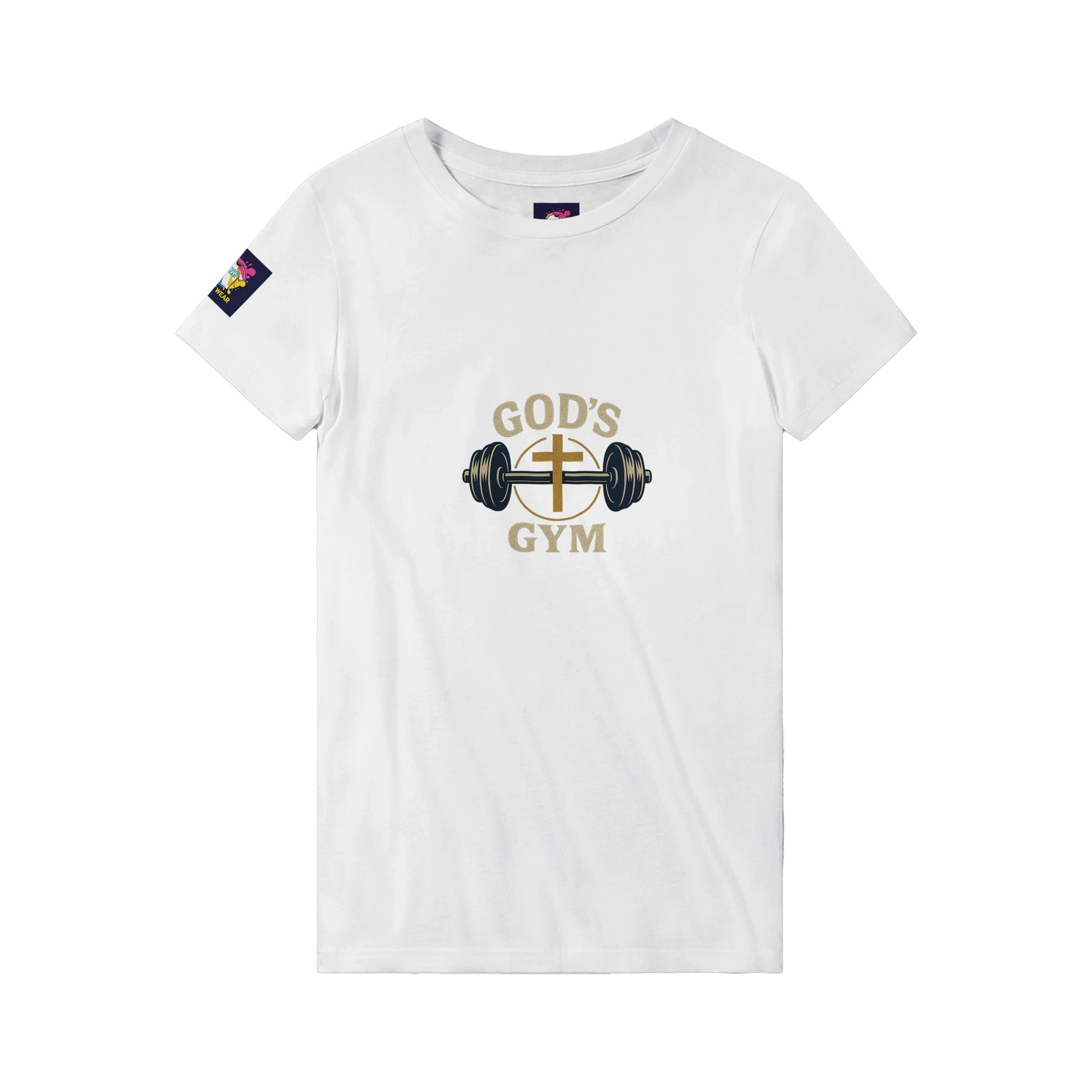 White premium spiritual t-shirt from Spirit Wear with God’s Gym cross and barbell print