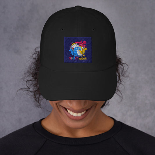 Black Christian ball cap from Spirit Wear with colorful embroidered logo on front worn by smiling person