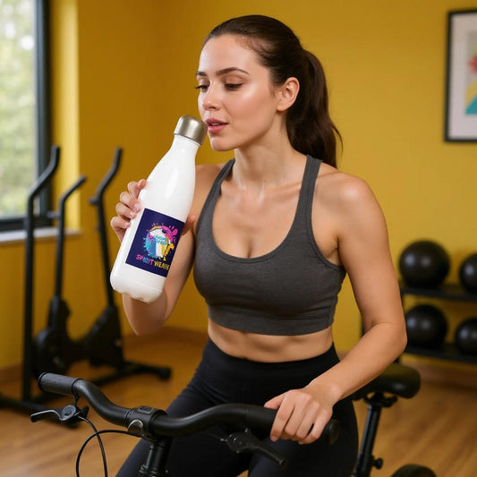 Woman on stationary bike in gym holding Spirit Wear insulated stainless steel water bottle with white finish and logo