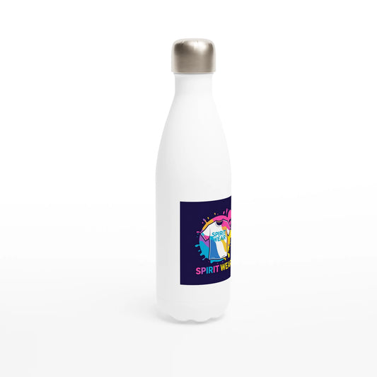 Spirit Wear white insulated stainless steel water bottle with silver cap and colorful logo label