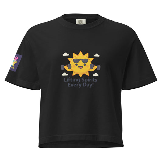 Spirit Wear black women's Christian boxy tee with a smiling sun lifting dumbbells and the text Lifting Spirits Every Day