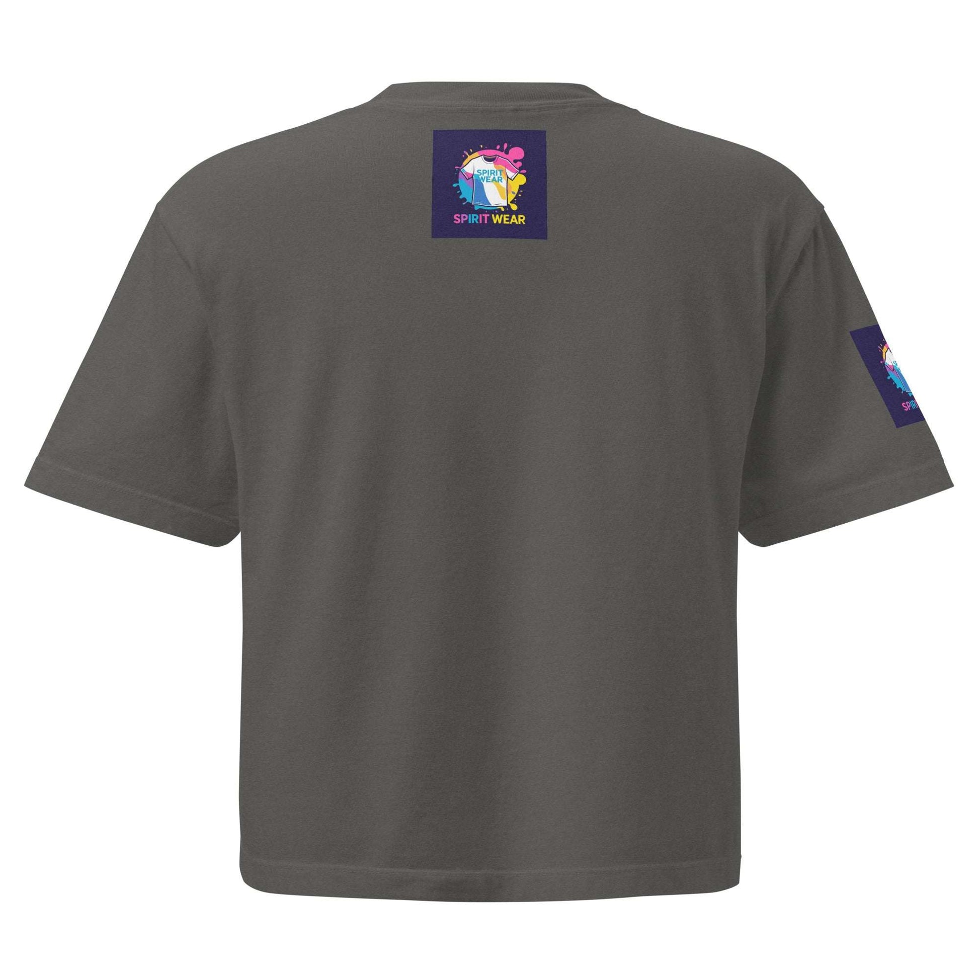 Back view of gray women's Christian boxy tee by Spirit Wear with logo patches on neck and sleeve