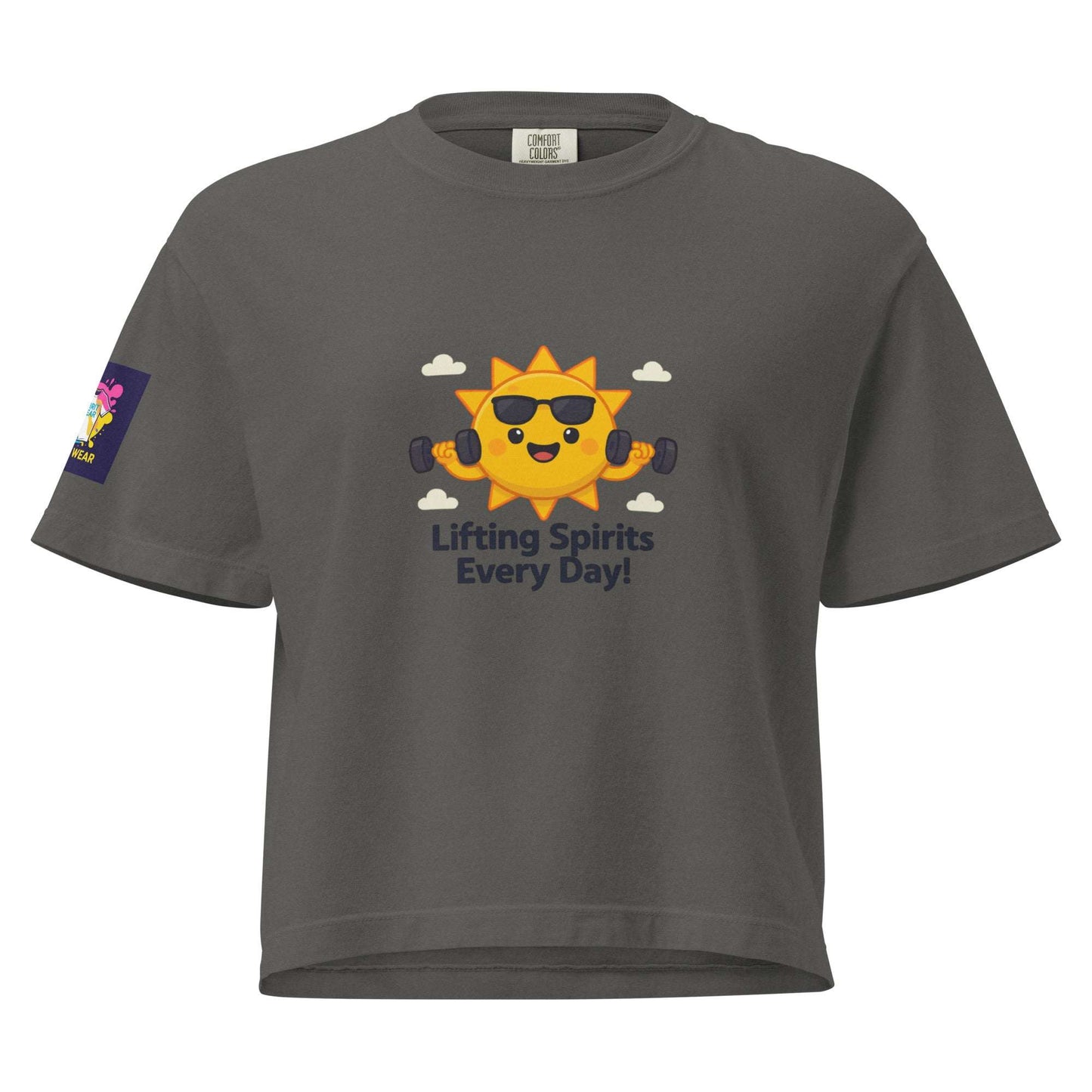 Spirit Wear women's Christian boxy tee in gray with sun graphic lifting weights and text Lifting Spirits Every Day