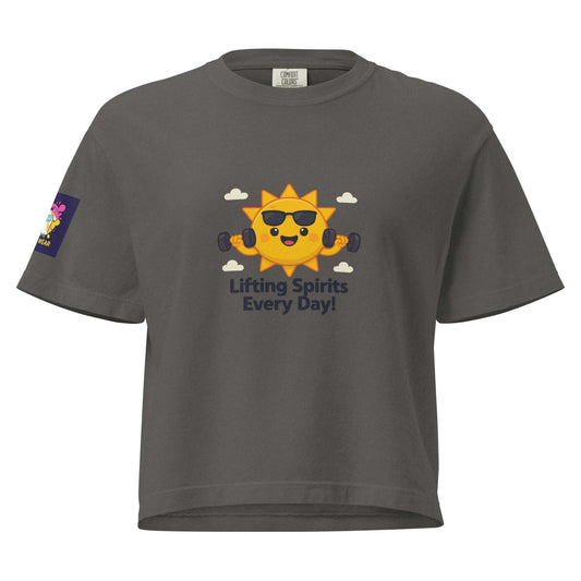 Spirit Wear women's Christian boxy tee in gray with sun graphic lifting weights and text Lifting Spirits Every Day