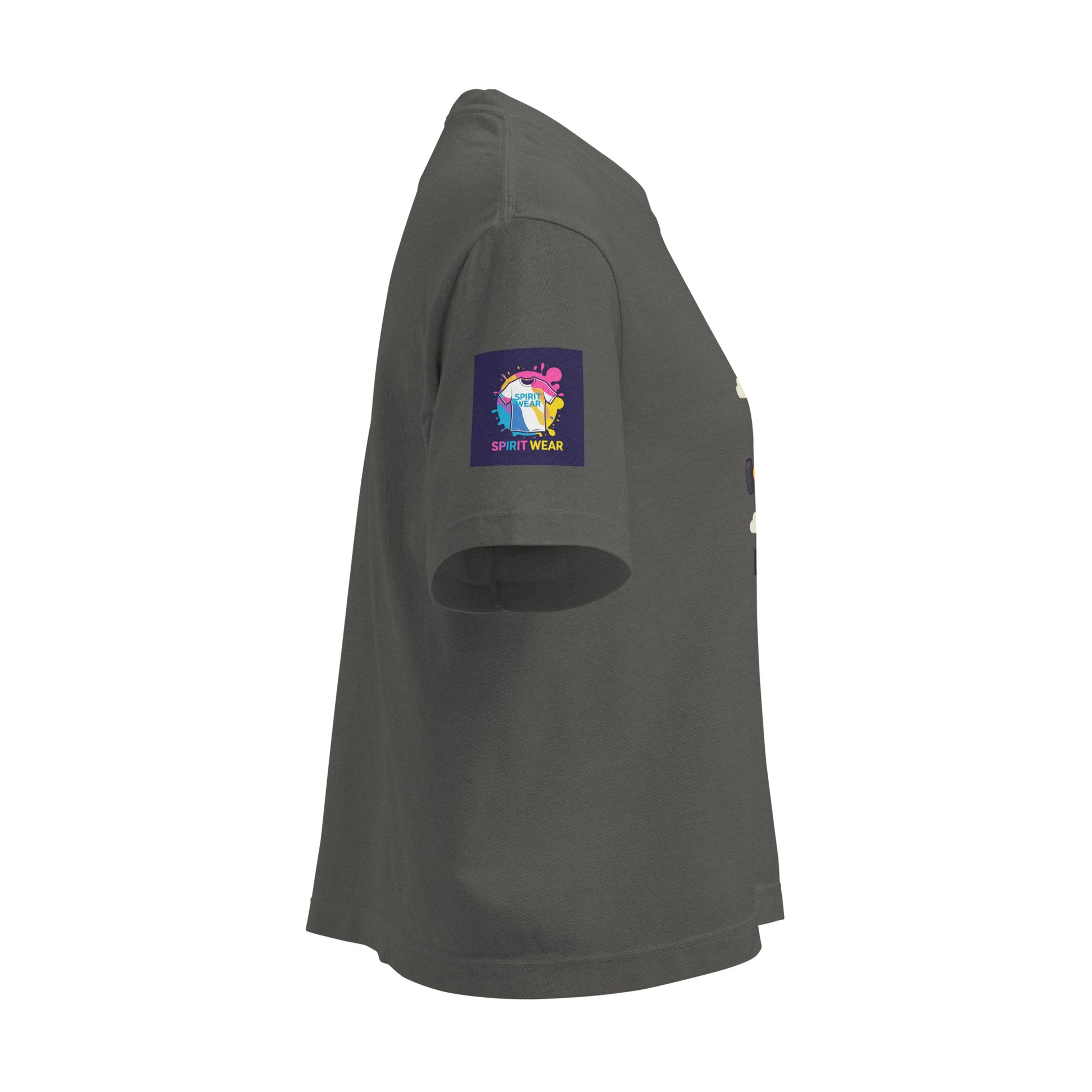 Spirit Wear women's Christian boxy tee in dark gray side view with colorful logo on sleeve