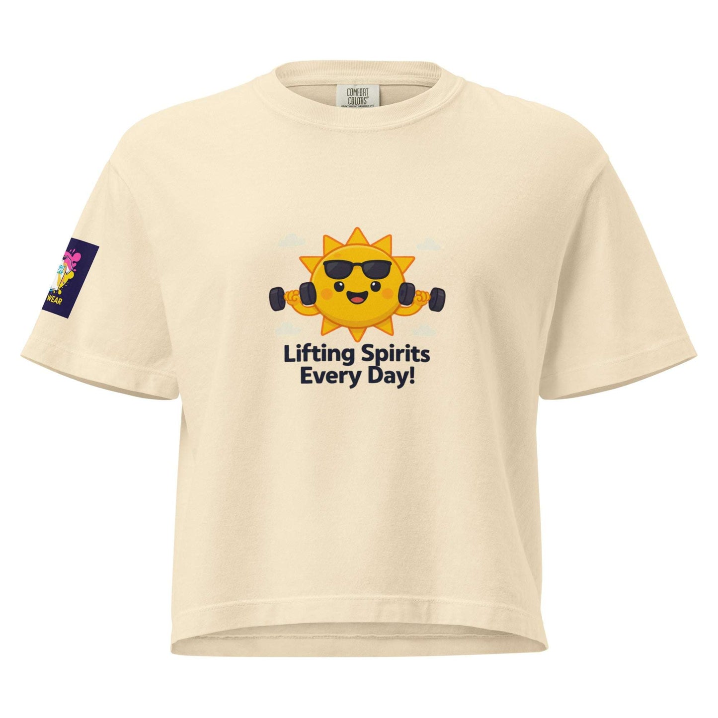 Spirit Wear women's Christian boxy tee in beige with sun lifting weights graphic and Lifting Spirits Every Day text