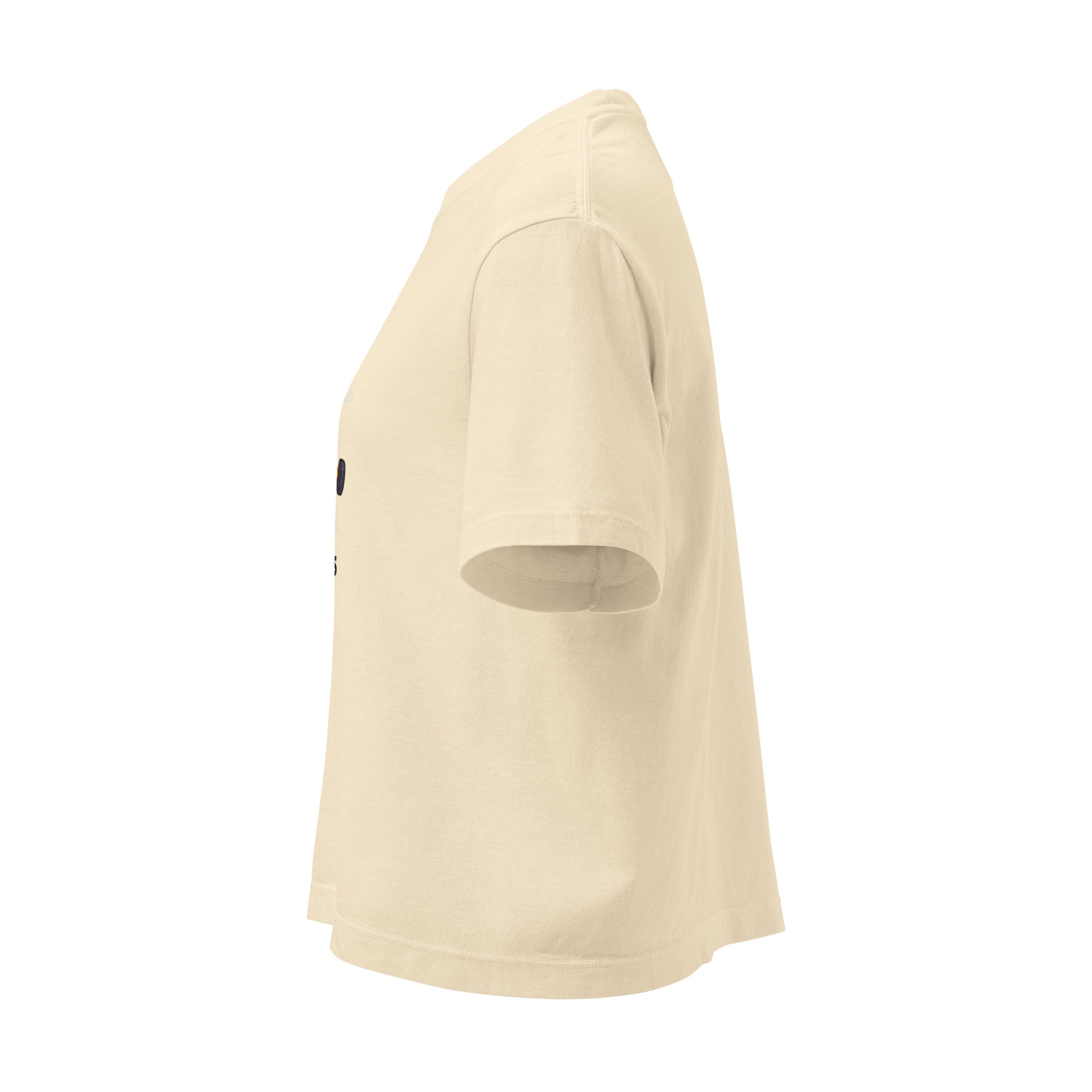 Side view of a beige women's Christian boxy tee with short sleeves from Spirit Wear
