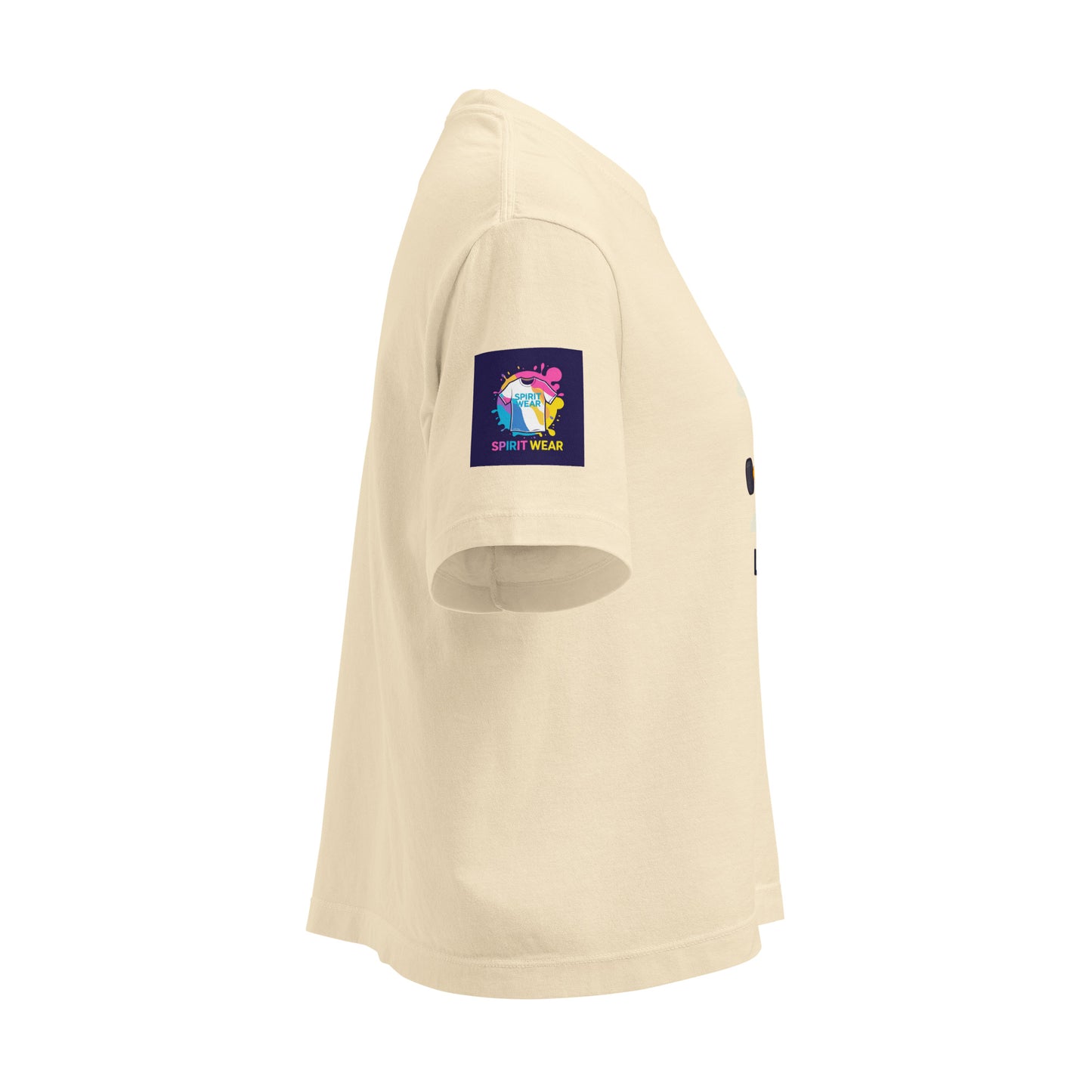 Side view of beige women's Christian boxy tee with Spirit Wear logo patch on sleeve
