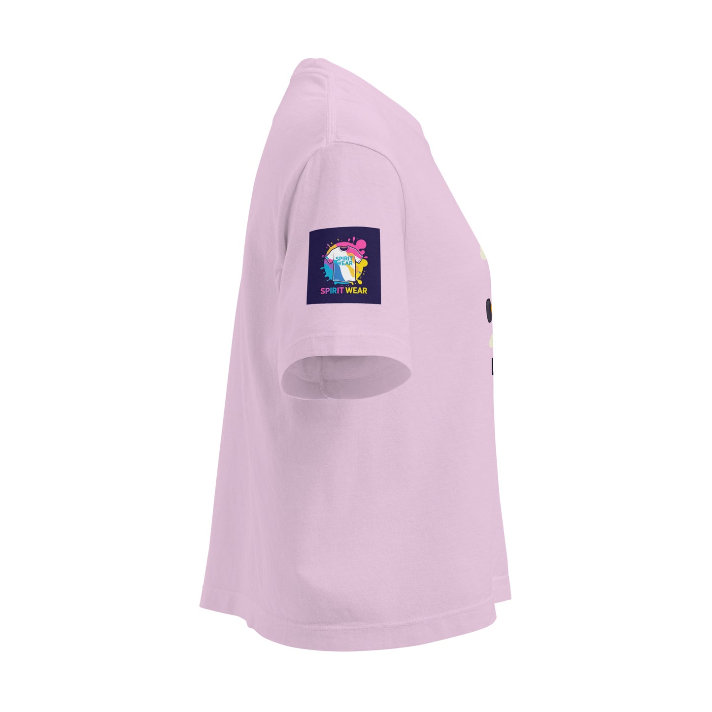 Light pink women's Christian boxy tee by Spirit Wear with short sleeves and logo patch on the sleeve