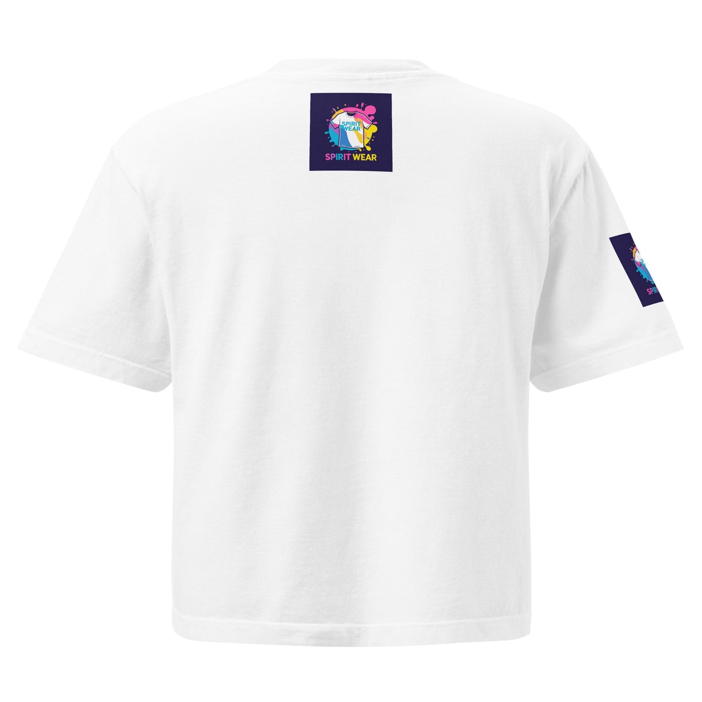 Back view of white women's Christian boxy tee by Spirit Wear with colorful logo patches on back and sleeve