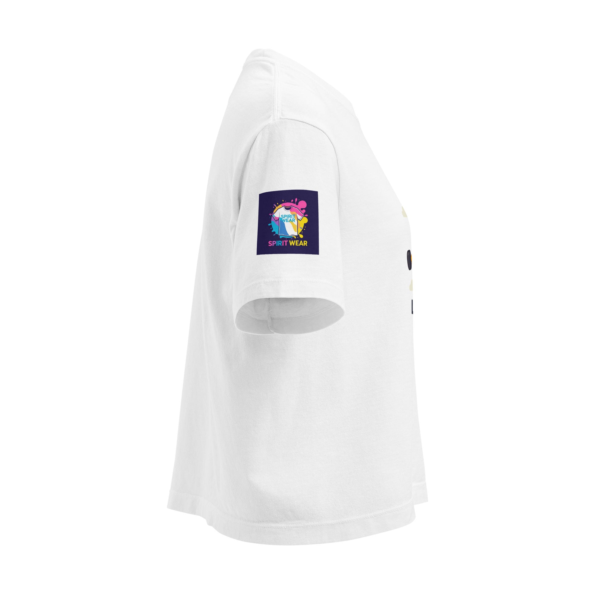 White women's Christian boxy tee by Spirit Wear with short sleeves and a colorful logo patch on the sleeve