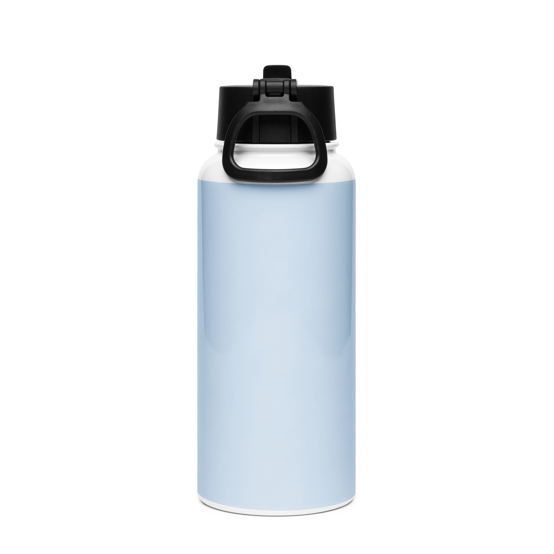 Light blue stainless steel water bottle with straw lid and black carrying handle
