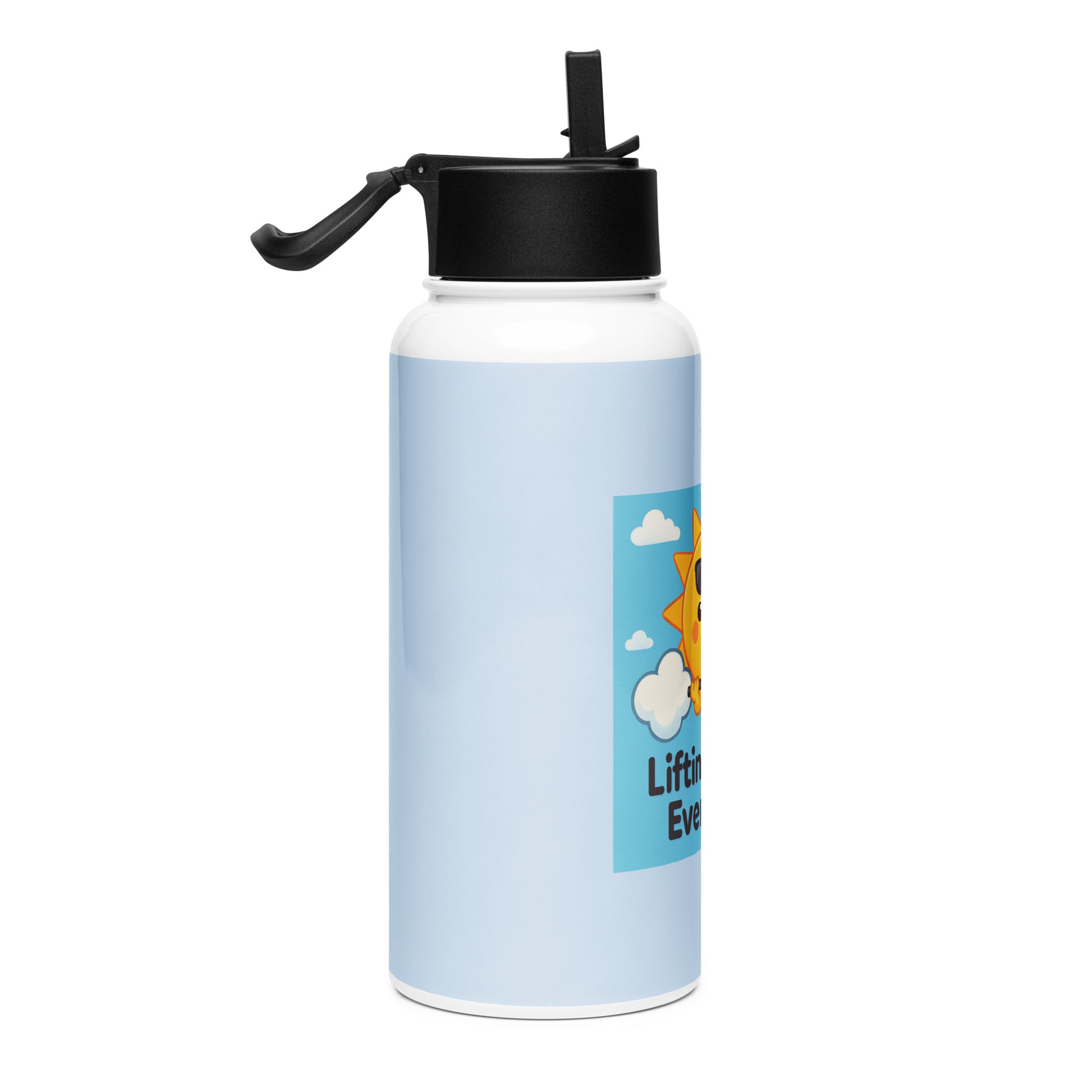White stainless steel water bottle with straw lid and a black flip-top cap