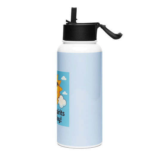 Light blue stainless steel water bottle with straw lid and sunshine graphic design