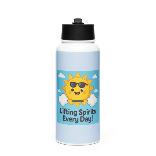Stainless steel water bottle with straw lid featuring a smiling sun and uplifting text design