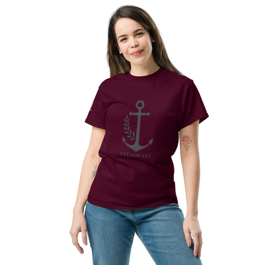 Maroon crew neck Christian t-shirt withchor design featuring anchor laurel motif and Steadfast text on front