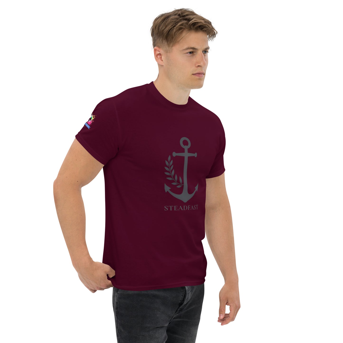 Spirit Wear maroon men Christian t-shirt withchor design featuring gray anchor and Steadfast text