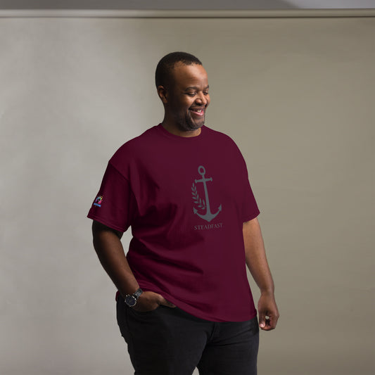Man wearing maroon Spirit Wear Christian t-shirt withchor design featuring anchor graphic and STEADFAST text