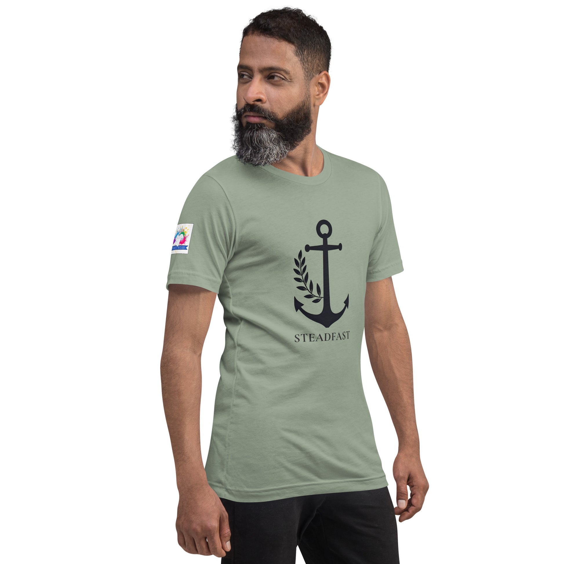 Spirit Wear model wearing a sage green Christian anchor shirt for men and women with black anchor and Steadfast text