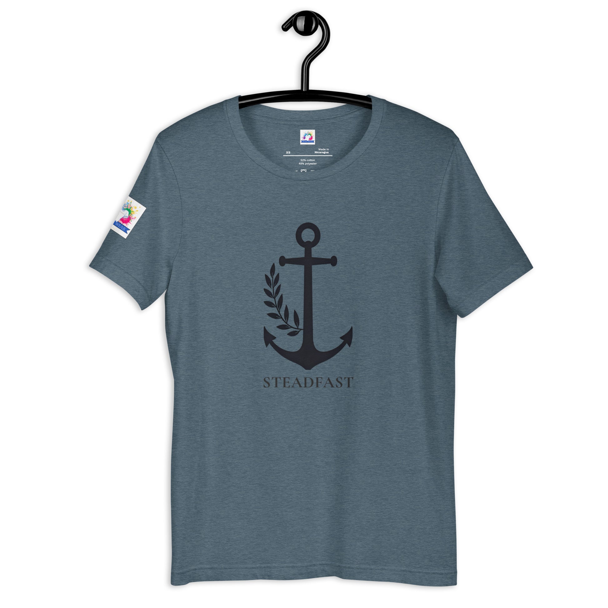 Christian anchor shirt for men and women blue heather tee with black anchor and STEADFAST text faith apparel