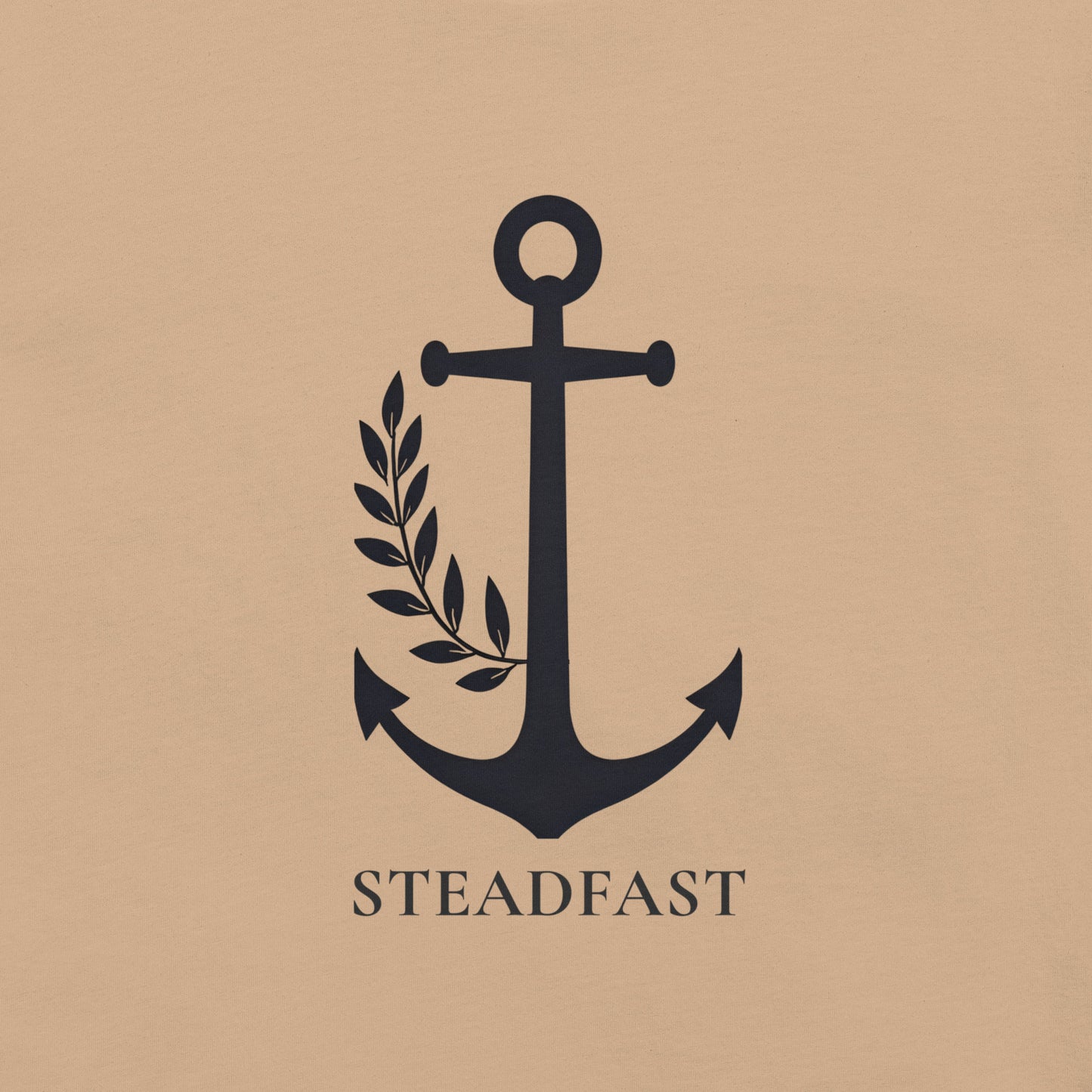 Beige Spirit Wear Christian anchor shirt for men and women with black anchor and laurel design reading STEADFAST