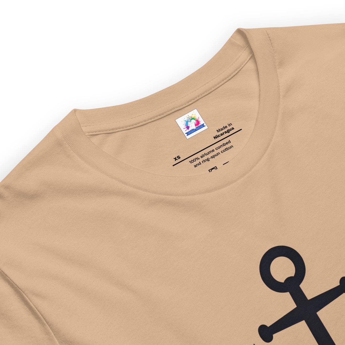 Christian anchor shirt for men and women. Beige crew neck tee with black anchor graphic close up showing neckline and print