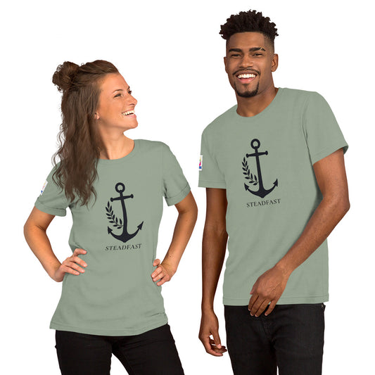 Two models wearing Spirit Wear sage green Christian anchor shirt for men and women with steadfast anchor design
