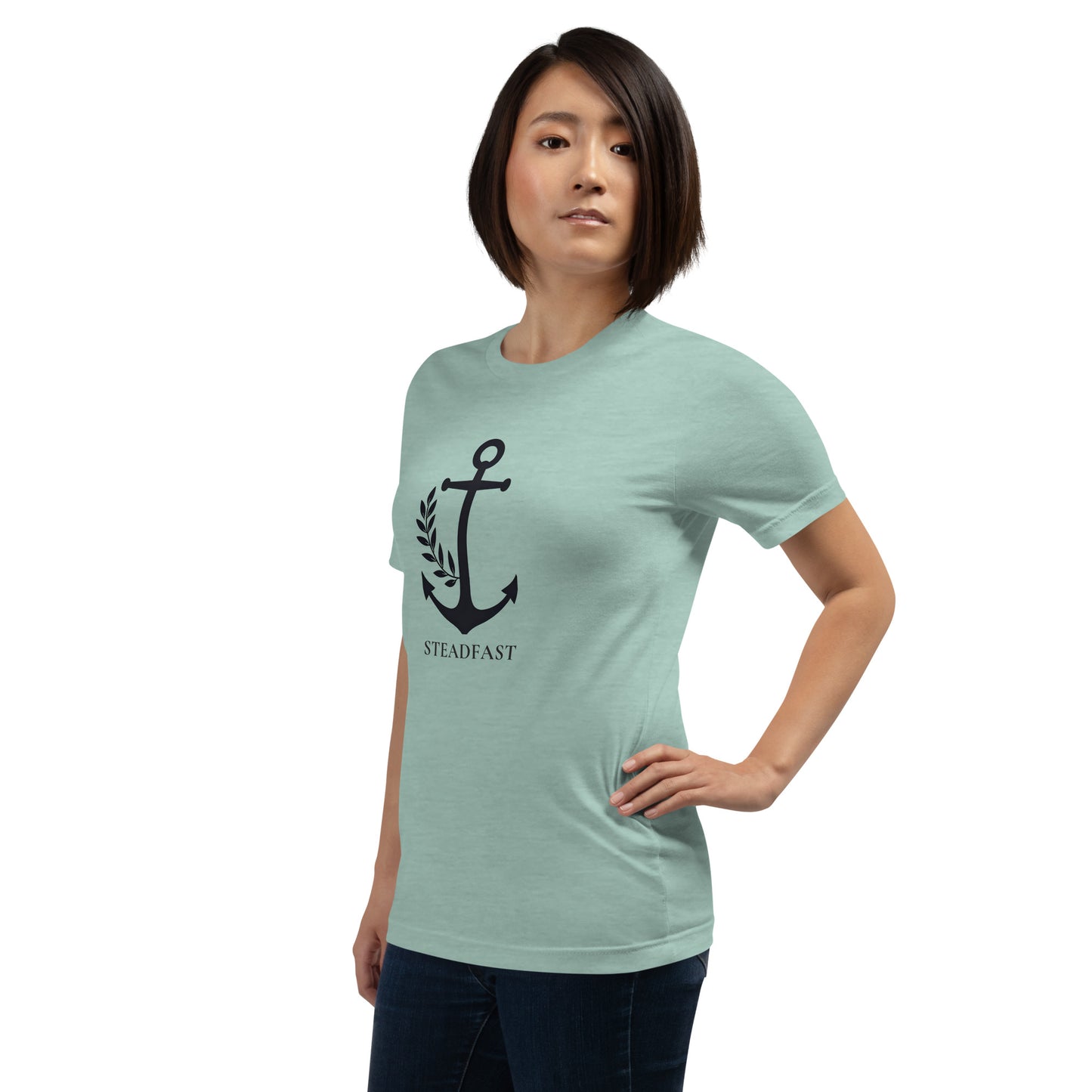 Model wearing seafoam green Christian anchor shirt for men and women with black anchor graphic and STEADFAST text