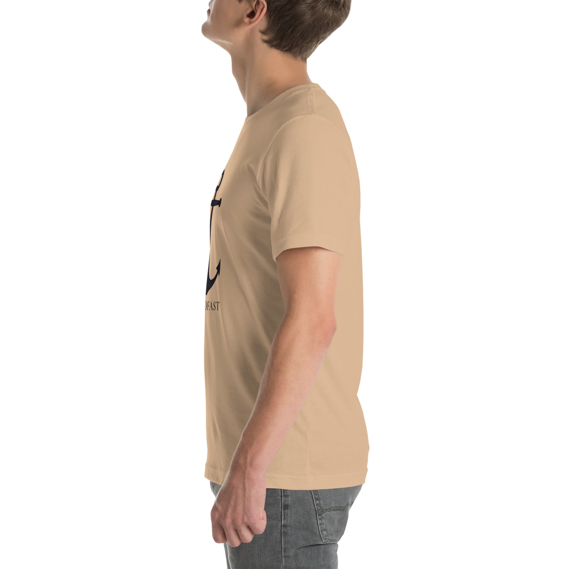 Christian anchor shirt for men and women shown on male model side view beige tee with navy anchor graphic