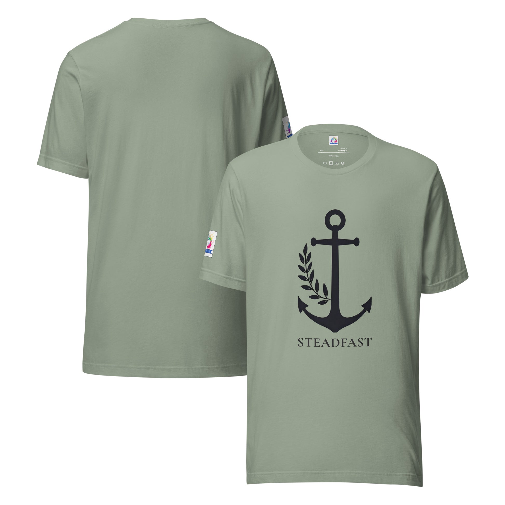 Christian anchor shirt for men and women sage green tee with black anchor and laurel graphic and STEADFAST text