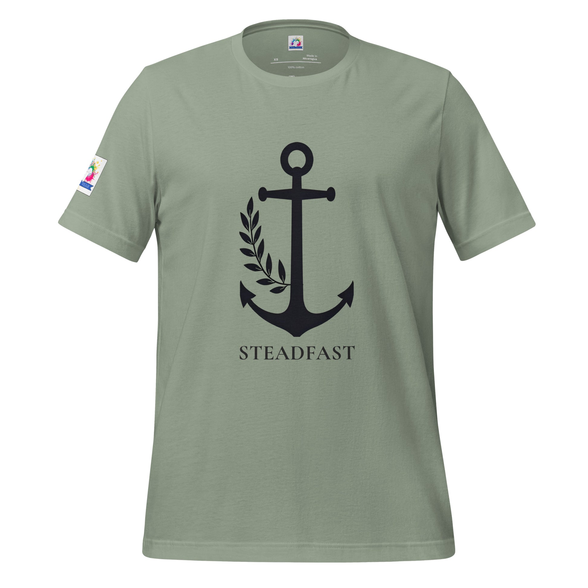Spirit Wear sage green tshirt with black anchor and laurel graphic and STEADFAST text Christian anchor shirt for men and women.