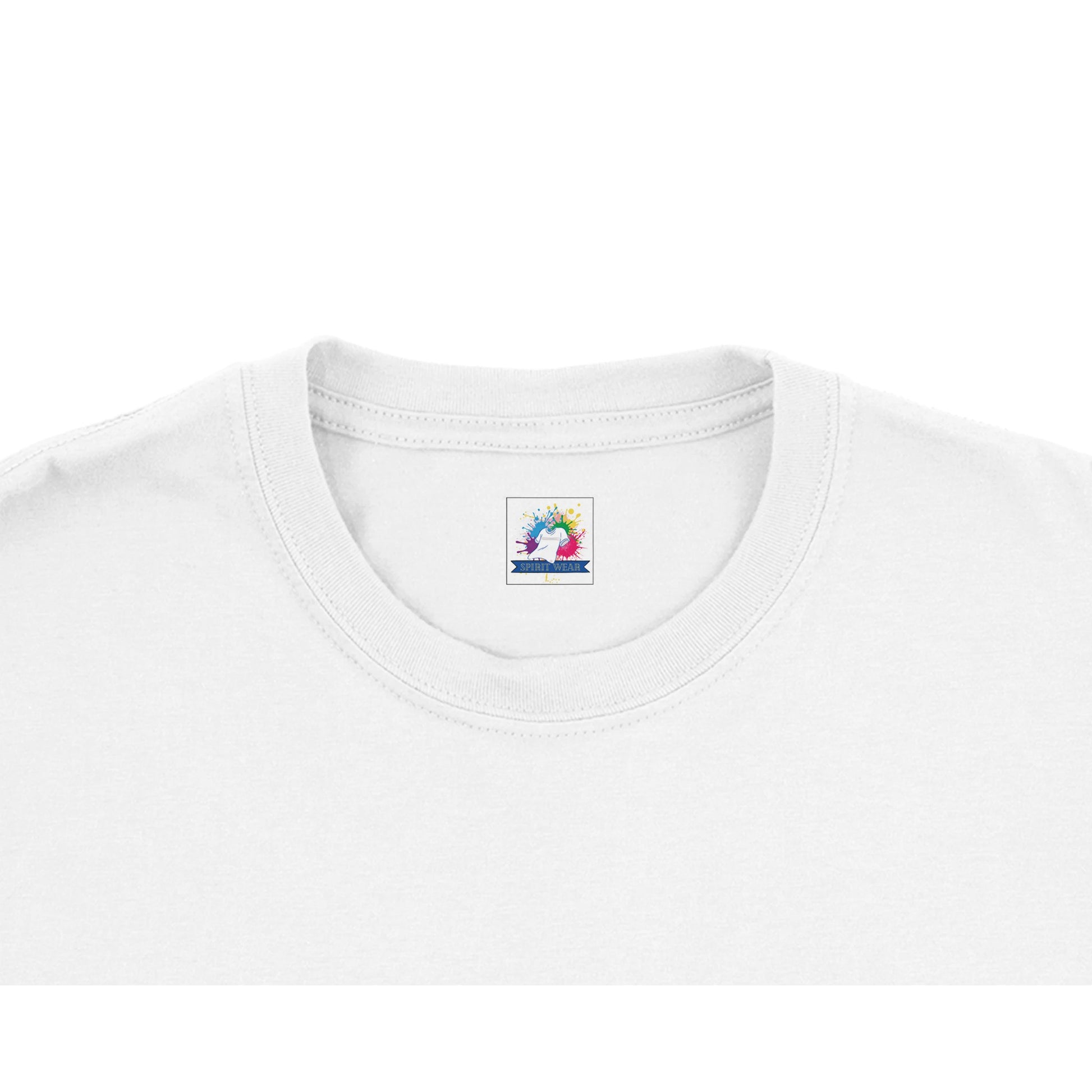 Spirit Wear white crew neck t shirt close up showing collar stitching and colorful label Christian inspirational apparel