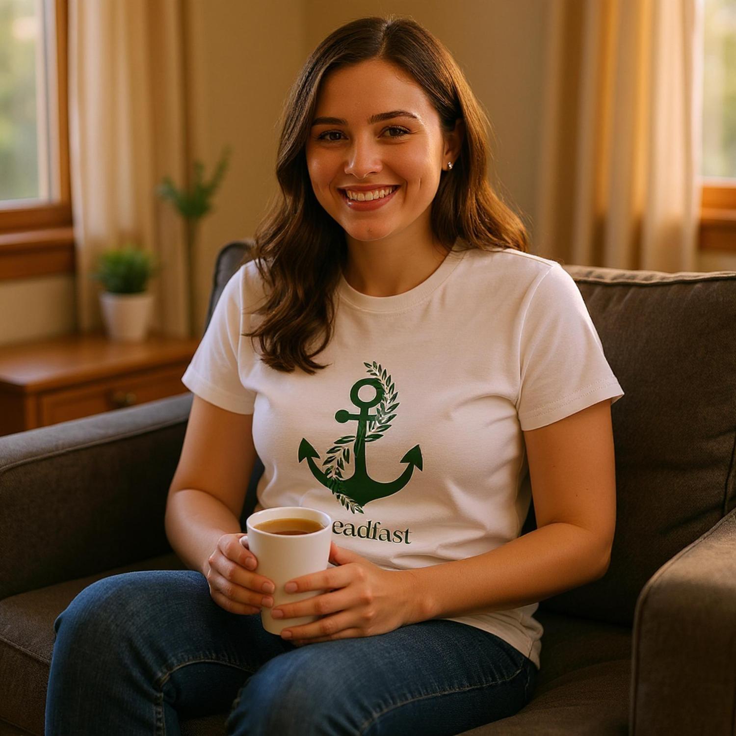 Smiling woman seated on couch wearing Spirit Wear white t shirt with green anchor and steadfast Christian inspirational apparel